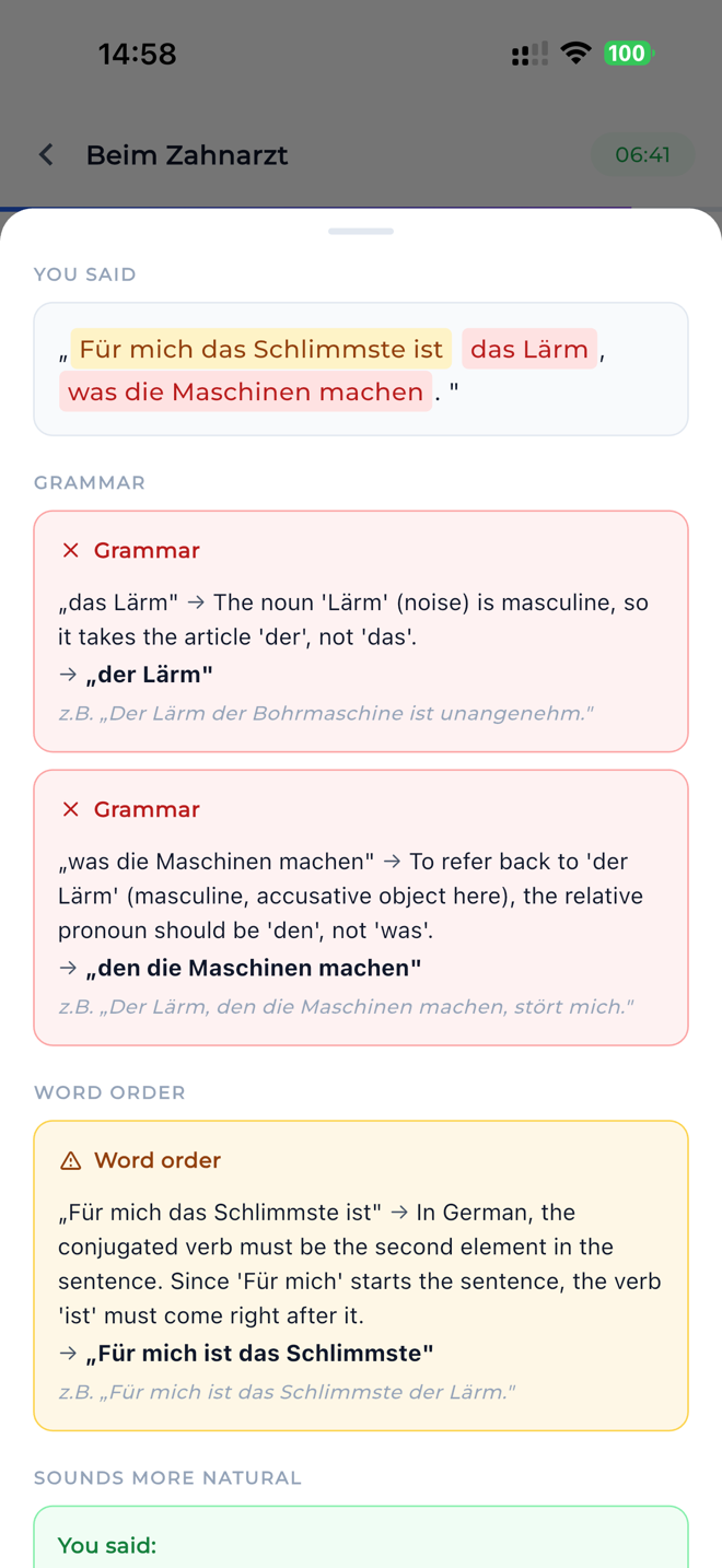 Feedback screen highlighting grammar and word-order corrections with examples