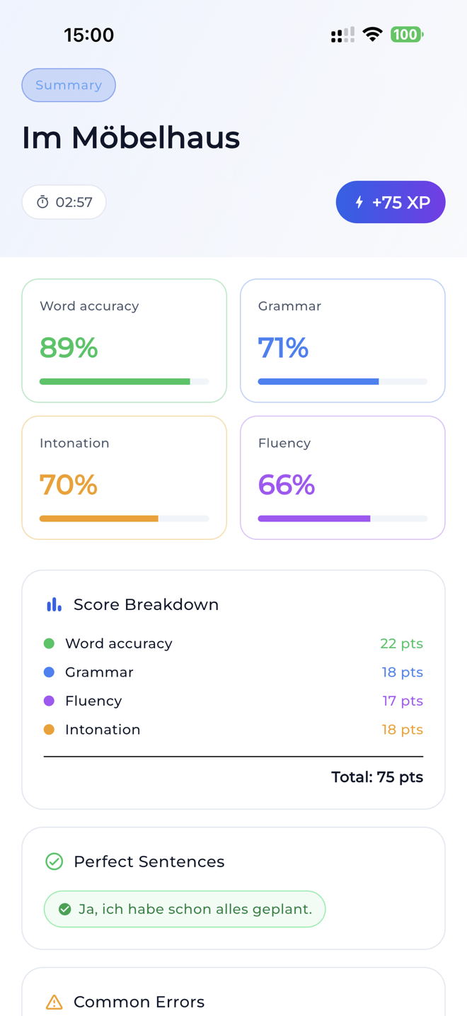 Lesson summary with word accuracy, grammar, intonation and fluency scores