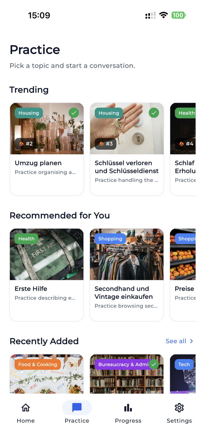 Practice tab with trending and recommended German conversation topics